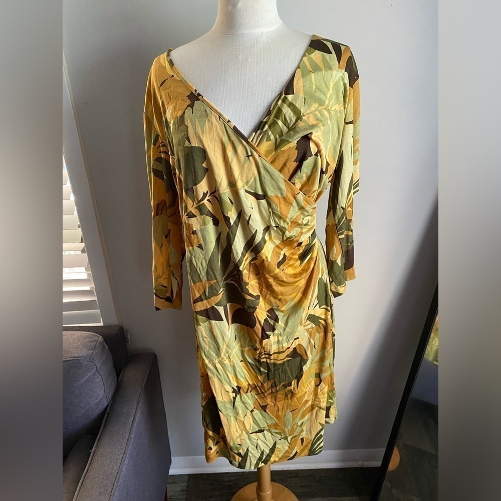 Tommy Bahama V-Neck Dress Womens XL Midi Tropical Yellow Silk